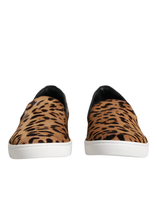 Dolce & Gabbana Brown Calfskin Fur Leopard Men Sneakers Shoes Dolce & Gabbana Sienna