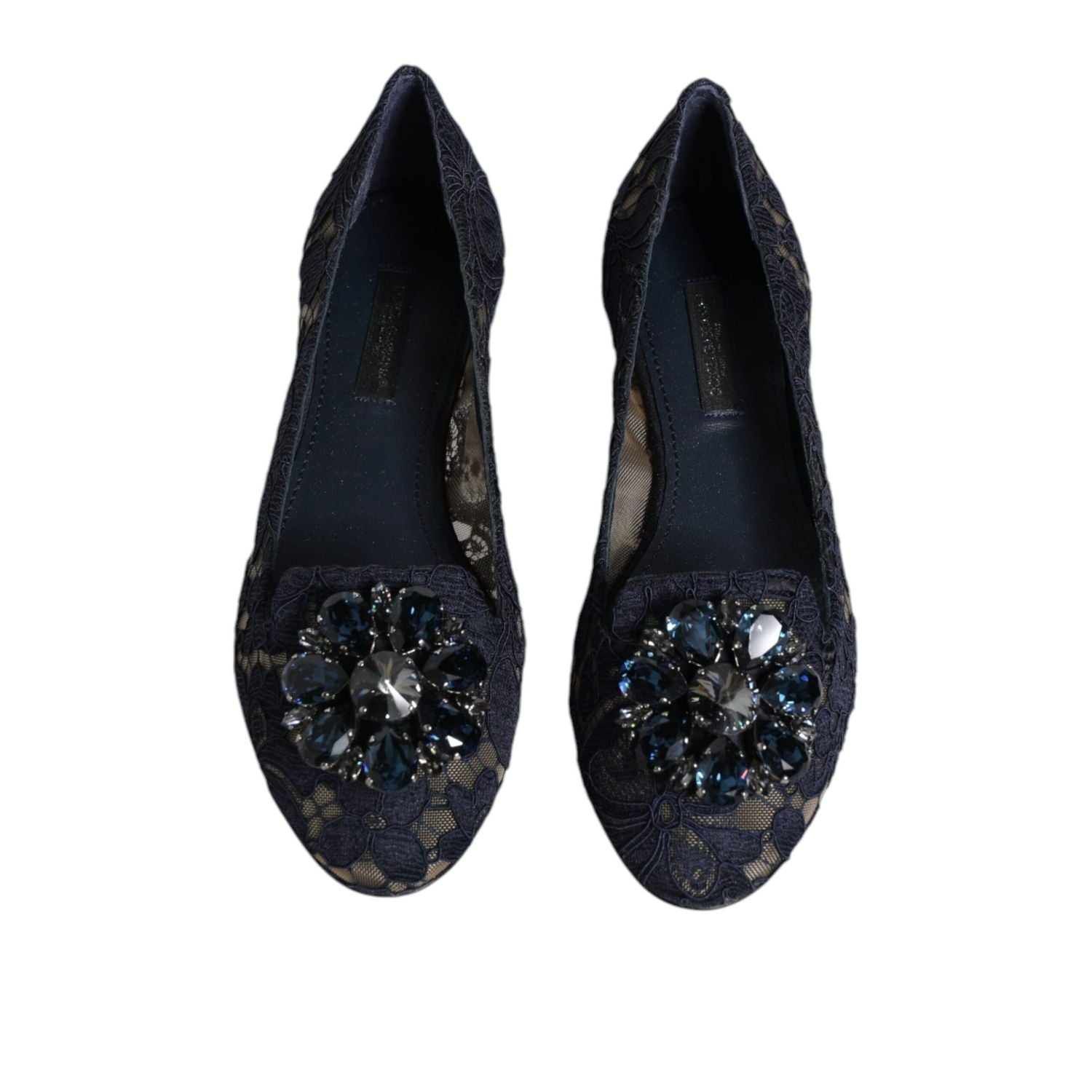 Dolce & Gabbana Blue Taormina Lace Crystals Flats Shoes