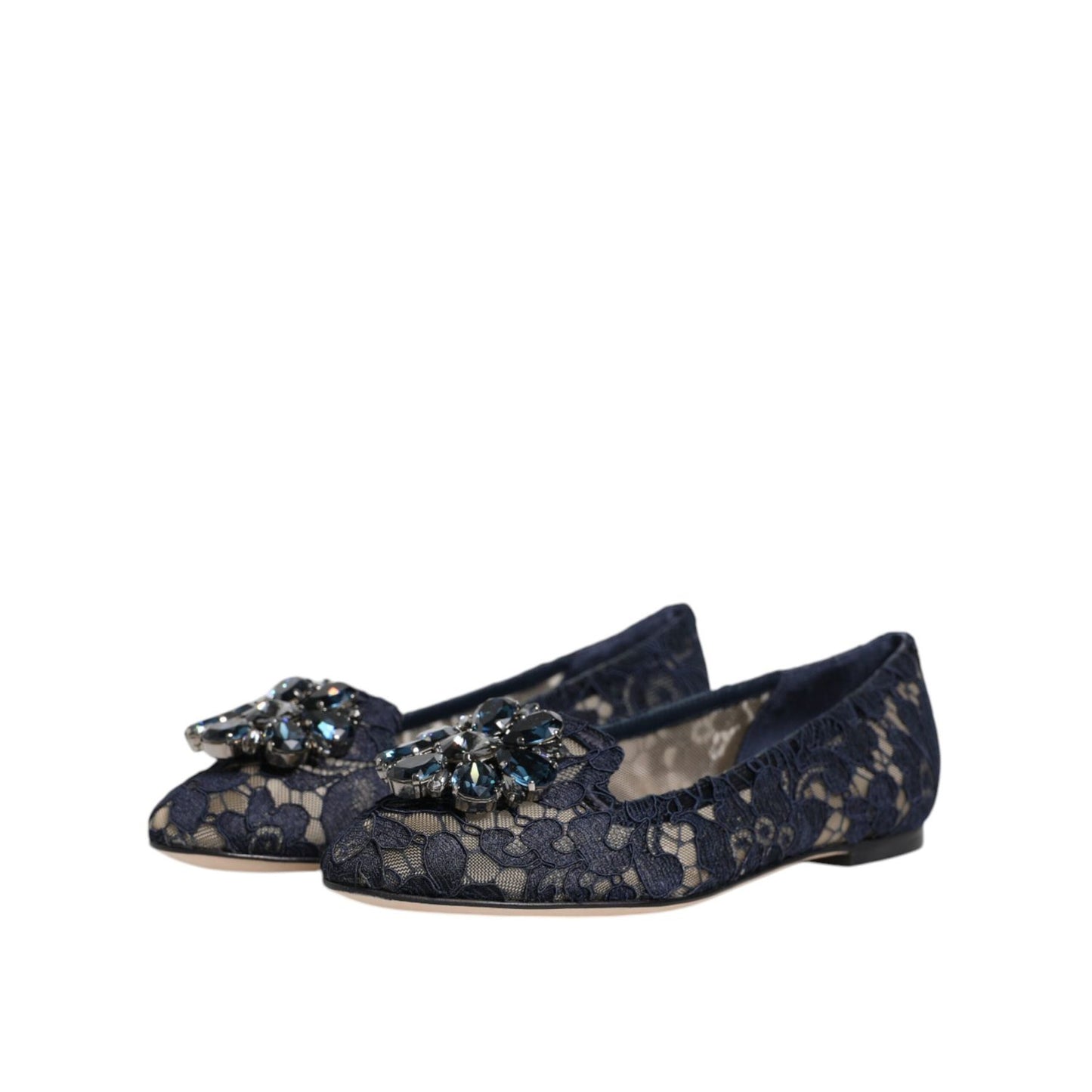 Dolce & Gabbana Blue Taormina Lace Crystals Flats Shoes
