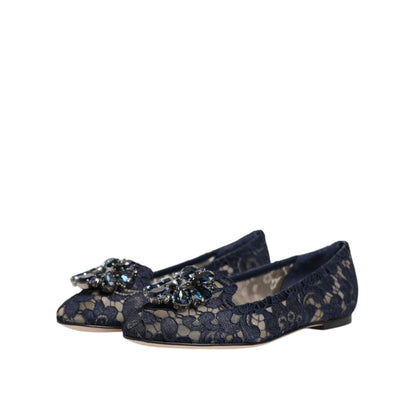 Dolce & Gabbana Blue Taormina Lace Crystals Flats Shoes