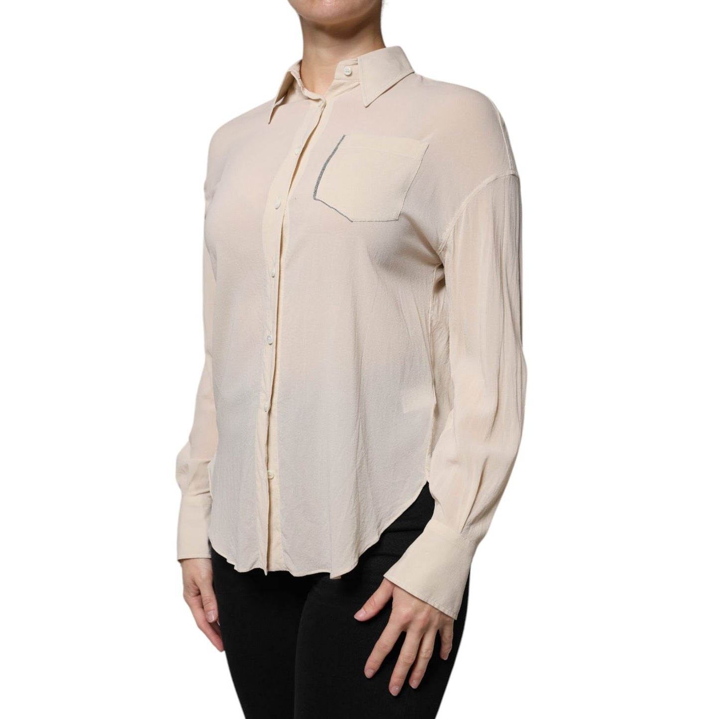 Brunello Cucinelli Beige Silk Blend Collared Button Down Top TSH86743-38