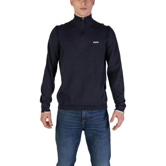 Hugo Boss blue cotton cardigan for men, fall/winter collection, featuring a blend of cotton, polyester, and elastane.