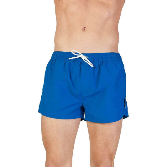 Men's blue Hamaki-Ho polyester swimwear for fall/winter, featuring elastic waist and drawstring, ideal for beach or pool.