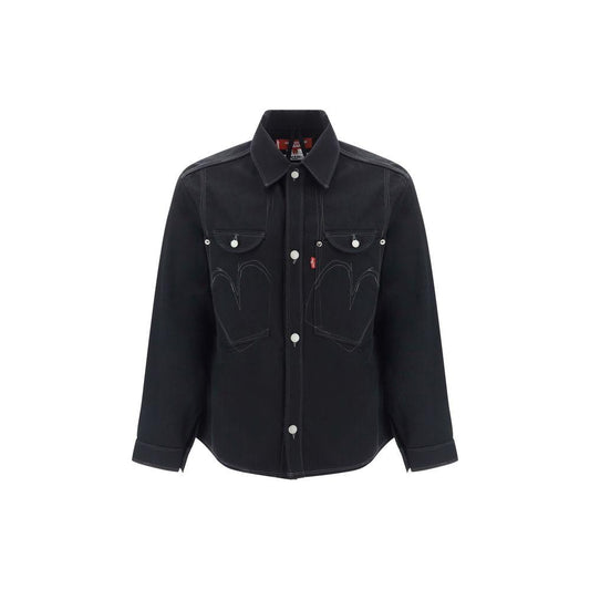 Junya Watanabe x Levis wool shirt with classic collar, button closure, welt pocket, and monochrome pattern in regular fit.