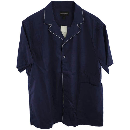 Emporio Armani blue short-sleeved cotton shirt with two-button fastening and front pocket.