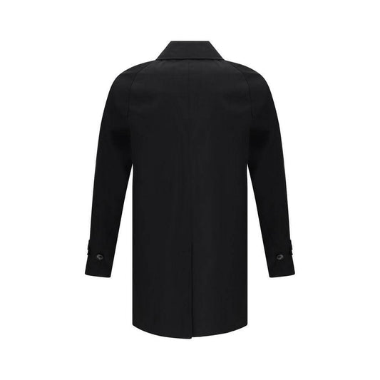 Back view of Burberry Camden Coat in black featuring classic collar and button-flap closure with Archivio Check lining.
