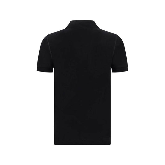 Back view of Dolce & Gabbana black cotton polo shirt with ribbed collar and D&G monogram plaque, classic design.