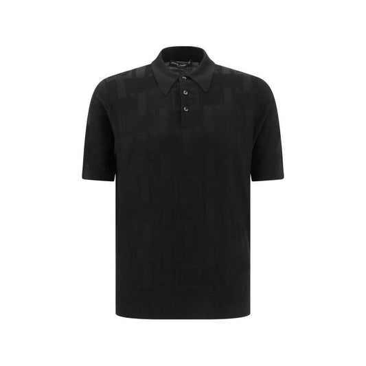 Dolce & Gabbana black silk polo shirt with jacquard logo pattern, classic collar, and tone-on-tone buttons. Elegant, versatile design.