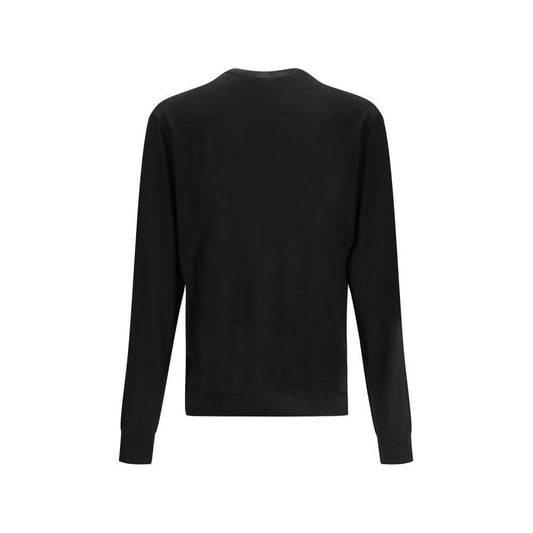Back view of black Prada recycled silk sweater with ribbed crew neck, cuffs, and hem.