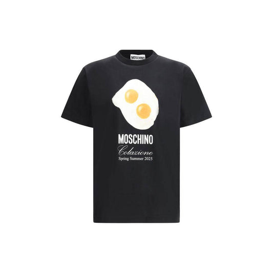 Moschino cotton T-shirt with playful maxi egg print and iconic monogram, perfect for a bold, stylish look. Spring Summer 2023 collection.
