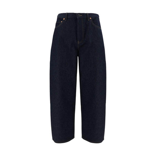 Valentino cotton jeans with five-pocket styling, button closure, waistband loops, and branded leather patch on the back.