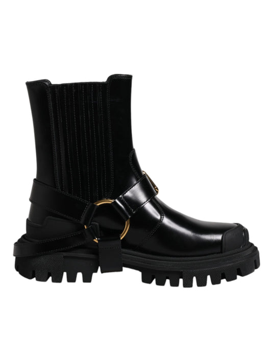 Dolce & Gabbana Black Leather Slip On Stretch Trekking Boots Shoes Dolce & Gabbana Black