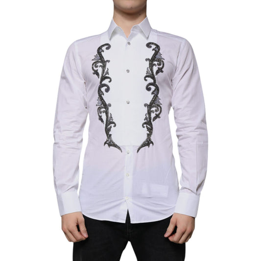 Dolce & Gabbana White Slim Fit Baroque GOLD Men Dress Shirt