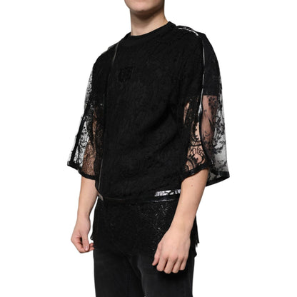 Dolce & Gabbana Black Nylon Floral Lace Crew Neck T-shirt