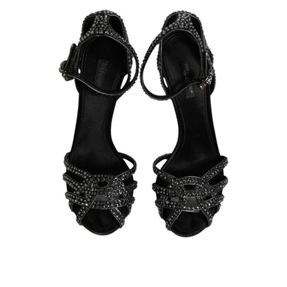 Dolce & Gabbana Black Strass Ankle Strap Heels Sandals Shoes