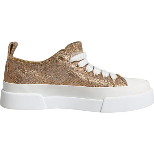 Dolce & Gabbana Gold White Logo Low Top Sneakers Shoes 1728,67345645728,Dolce & Gabbana,EU35/US4.5,Gold,Material: 62% Calf Leather 27% Viscose 3% Polyester 5% Nylon 3% Acetate,Preowned / Defect,Shoes,Sneakers - Women - Shoes,Women,Women - Shoes Dolce & Ga