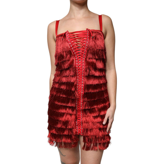 Dolce & Gabbana Red Lace Tassel Sleeveless Sheath Mini Dress 1728,67345645728,Clothing,Dolce & Gabbana,Dresses - Women - Clothing,IT40|S,Material: 90% Nylon 10% Silk,New with tags,Red,Women,Women - Clothing Dolce & Gabbana DR281321-40