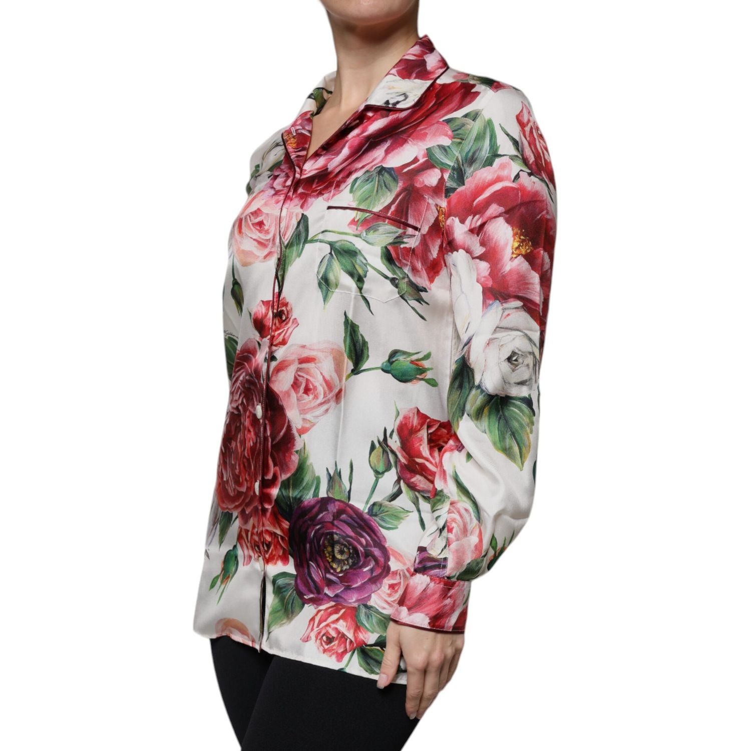 Dolce & Gabbana White Peony Silk Long Sleeves Collared Blouse Top