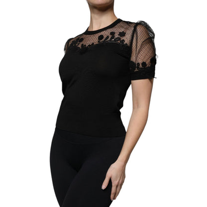 Dolce & Gabbana Black Floral Lace Short Sleeves Blouse Top