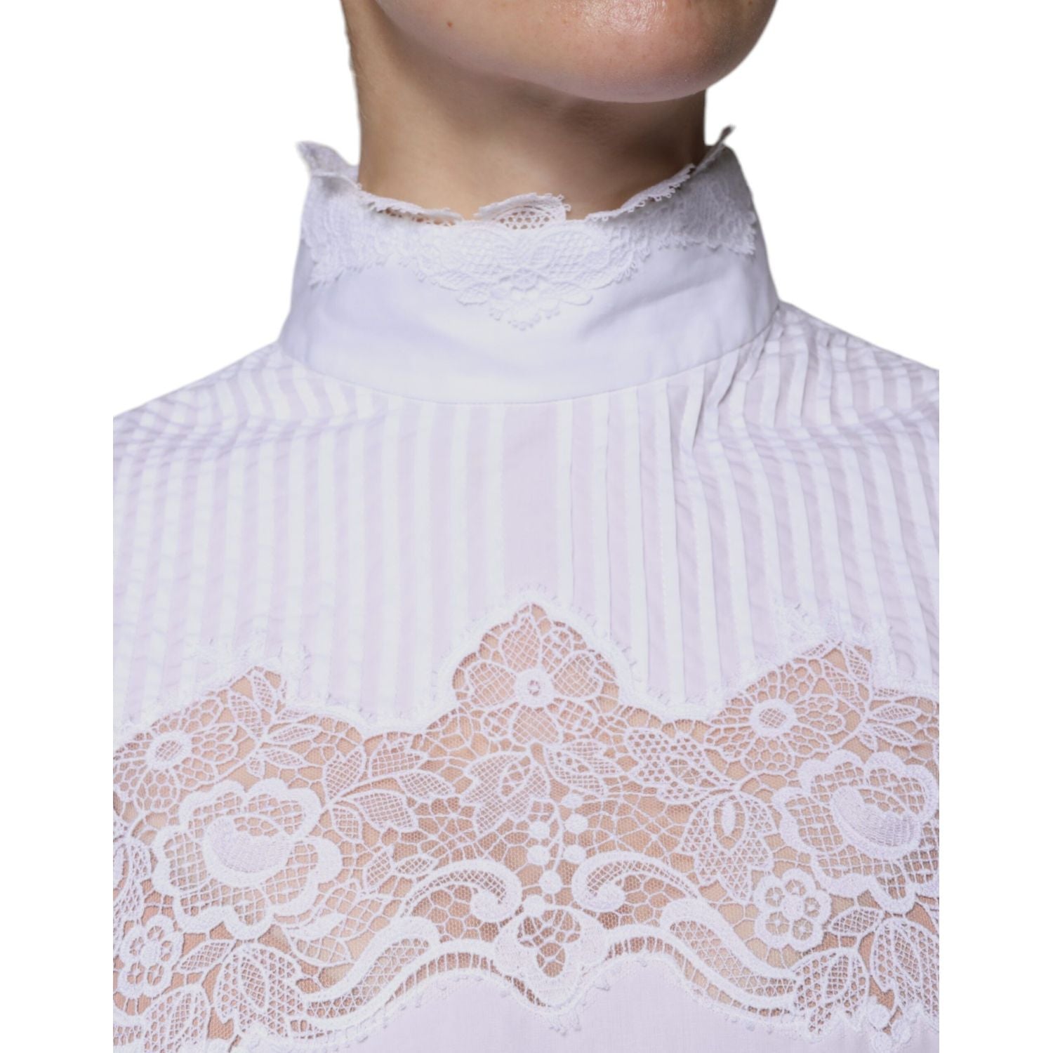 Dolce & Gabbana White Cotton Lace Trim Turtleneck Blouse Top