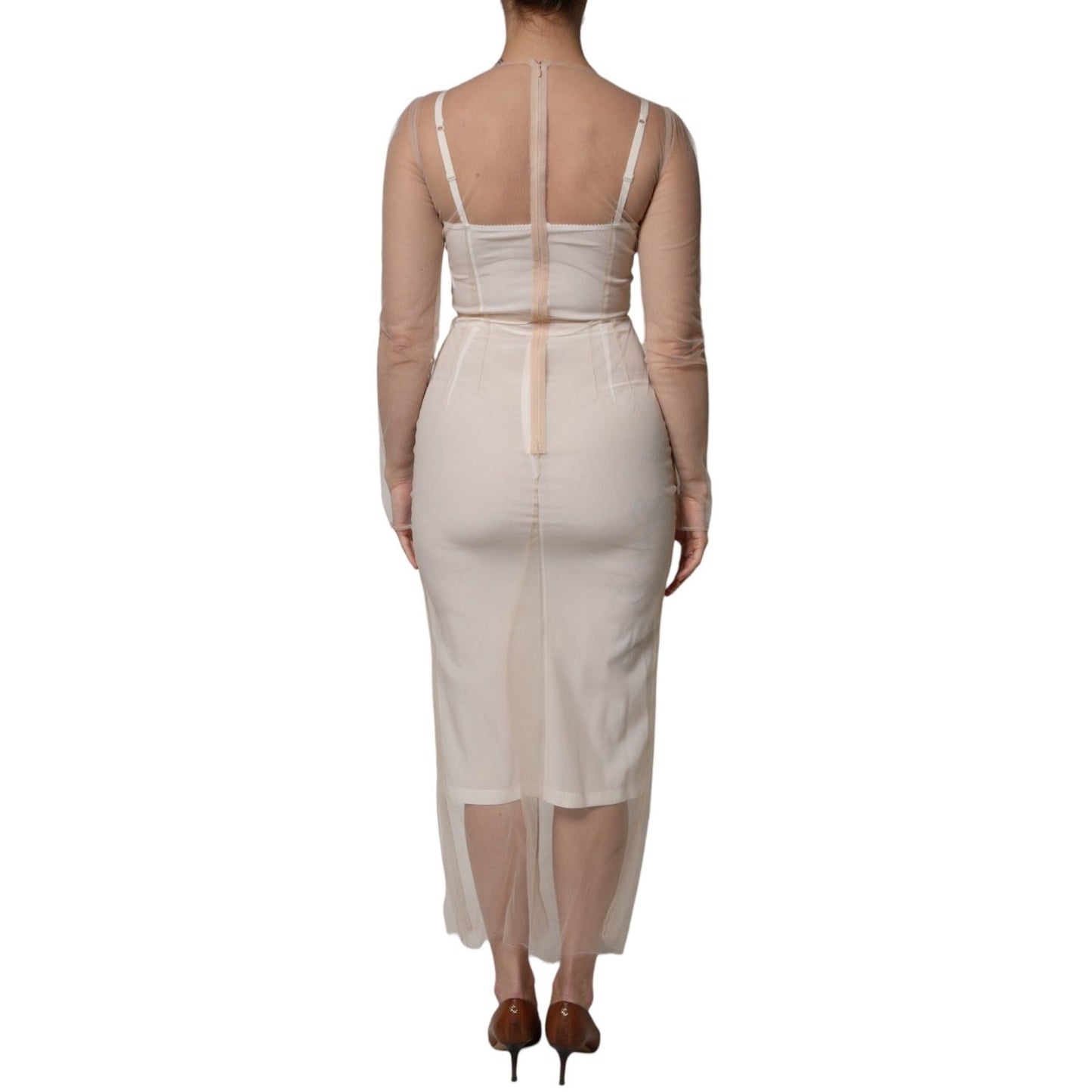 Dolce & Gabbana White Sheer Tulle Bustier Bodycon Midi Dress