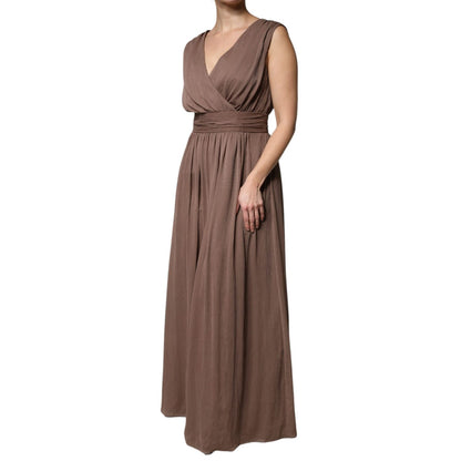Peserico Brown Sleeveless Deep V-neck A-line Long Maxi Dress