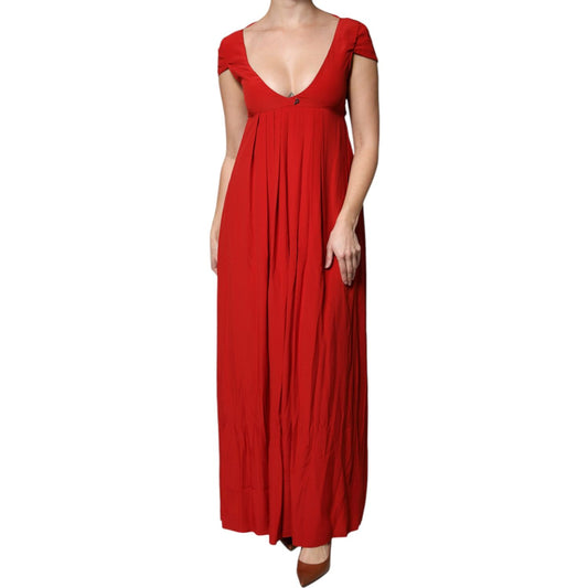 Dondup Red Acetate Short Sleeves Plunging Neckline Maxi Dress DR281430-42