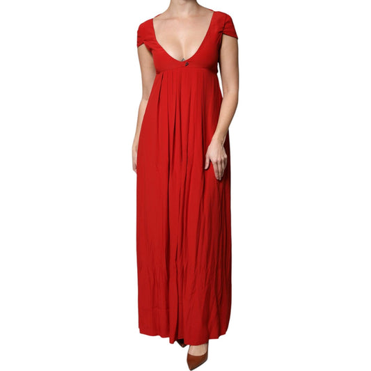 Dondup Red Acetate Short Sleeves Plunging Neckline Maxi Dress 1728,67345645728,Clothing,Dondup,Dresses - Women - Clothing,IT42|M,Material: 75% Acetate 25% SIlk,Preowned / Defect,Red,Women,Women - Clothing Dondup DR281430-42