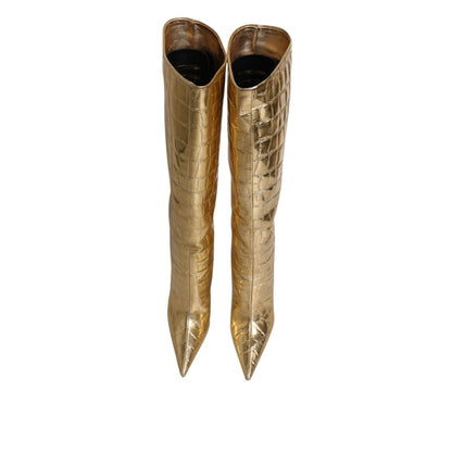 Dolce & Gabbana Gold Leather Stiletto Heels High Boots Shoes