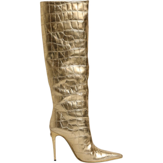 Dolce & Gabbana Gold Leather Stiletto Heels High Boots Shoes 1728,67345645728,Boots - Women - Shoes,Dolce & Gabbana,EU37/US7,EU39/US8.5,Gold,Material: Leather,New with tags,Shoes,Women,Women - Shoes Dolce & Gabbana LA12252-37