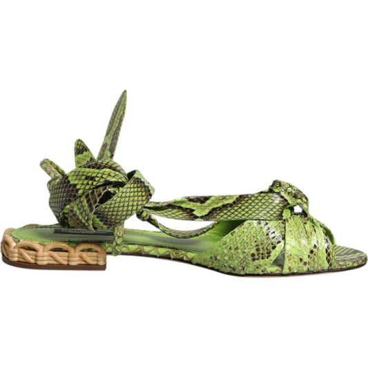 Dolce & Gabbana Green Animal Print Ankle Wrap Sandals Shoes 1728,67345645728,Dolce & Gabbana,EU39.5/US9,Flat Shoes - Women - Shoes,Green,Material: Leather,New with tags,Shoes,Women,Women - Shoes Dolce & Gabbana LA12254-39.5