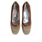 Dolce & Gabbana Beige Brown Leather Block Heels Pumps Shoes LA12272-40