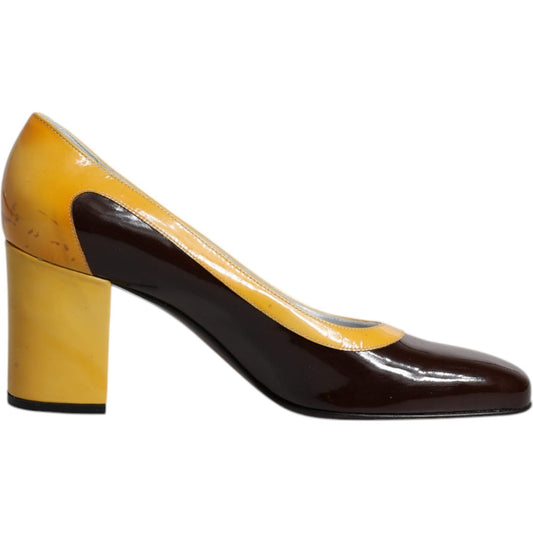 Dolce & Gabbana Yellow Brown Leather Block Heel Pumps Shoes 1728,67345645728,Dolce & Gabbana,EU39/US8.5,Material: Leather,Preowned / Defect,Pumps - Women - Shoes,Shoes,Women,Women - Shoes,Yellow Dolce & Gabbana LA12273-39