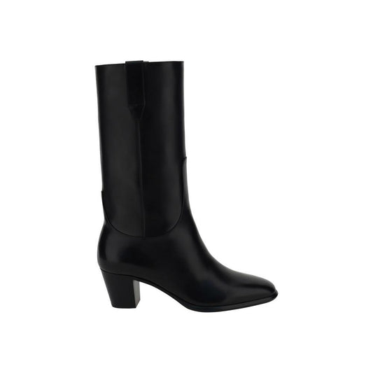 Francesco Russo Leather Boots with Elongated Toe, Slip-On Design, Geometric Heel, Below-Knee Height