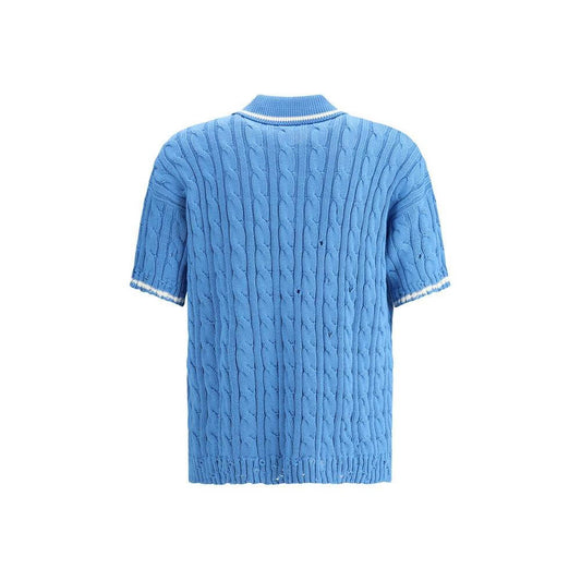Back view of Marni knit polo shirt in blue with cable-knit design, featuring a ribbed hem and classic collar, showcasing elegant craftsmanship.
