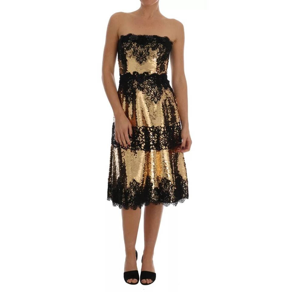 Dolce & Gabbana Gold Strapless Sequin Embellished Lace Dress