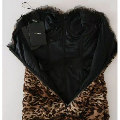 Dolce & Gabbana Brown Leopard Silk Chiffon Ruched Mermaid Maxi Dress