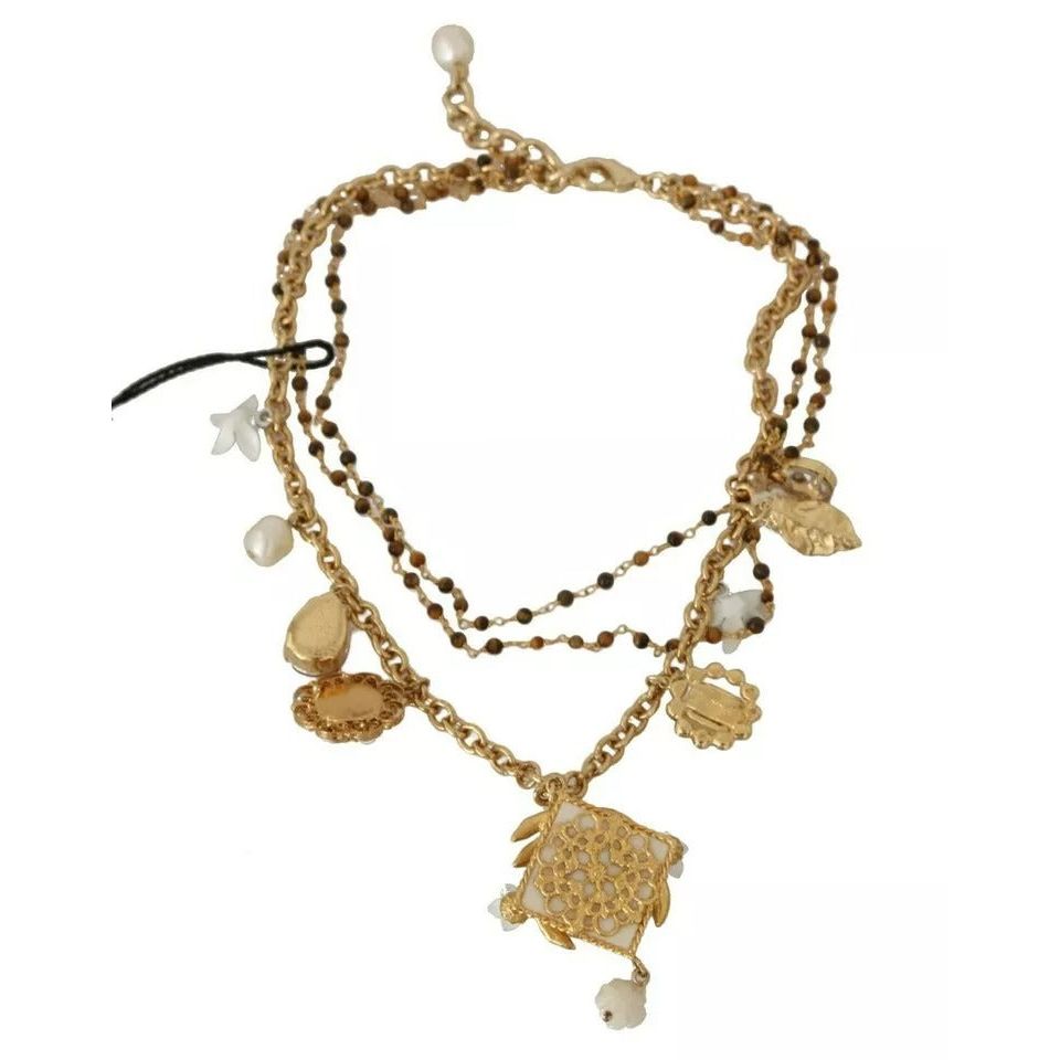 Dolce & Gabbana Gold Brass Crystal Floral Statement Charms Necklace SMYK381