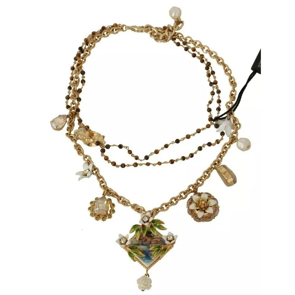 Dolce & Gabbana Gold Brass Crystal Floral Statement Charms Necklace SMYK381