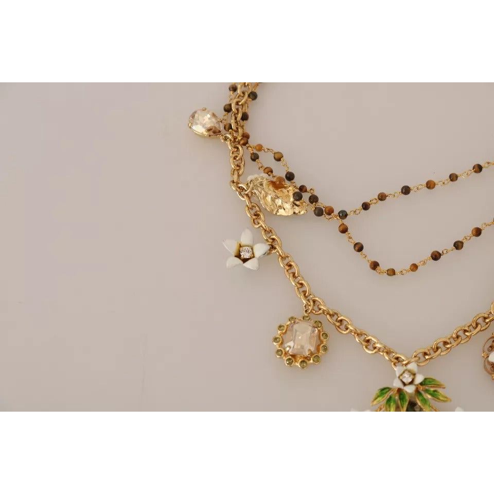 Dolce & Gabbana Gold Brass Crystal Floral Statement Charms Necklace SMYK381