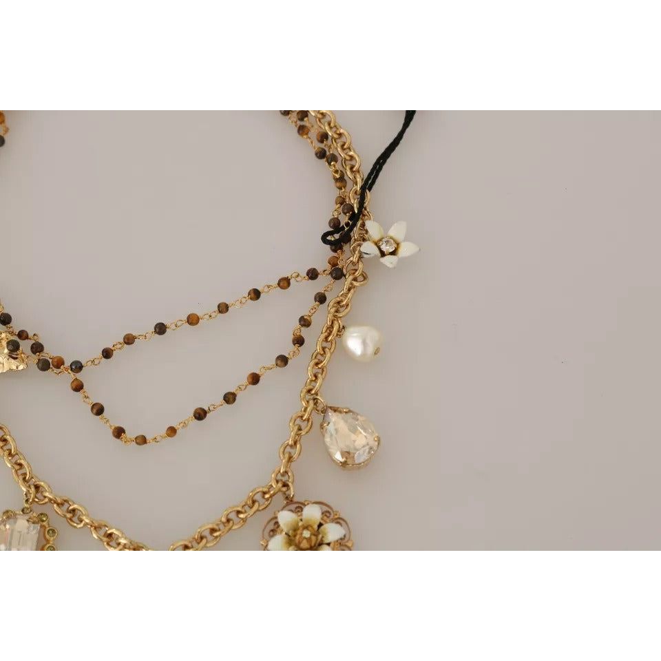 Dolce & Gabbana Gold Brass Crystal Floral Statement Charms Necklace SMYK381