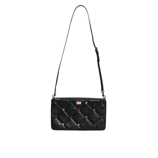 Dolce & Gabbana Black Leather Crystal Embellished Logo Shoulder Bag