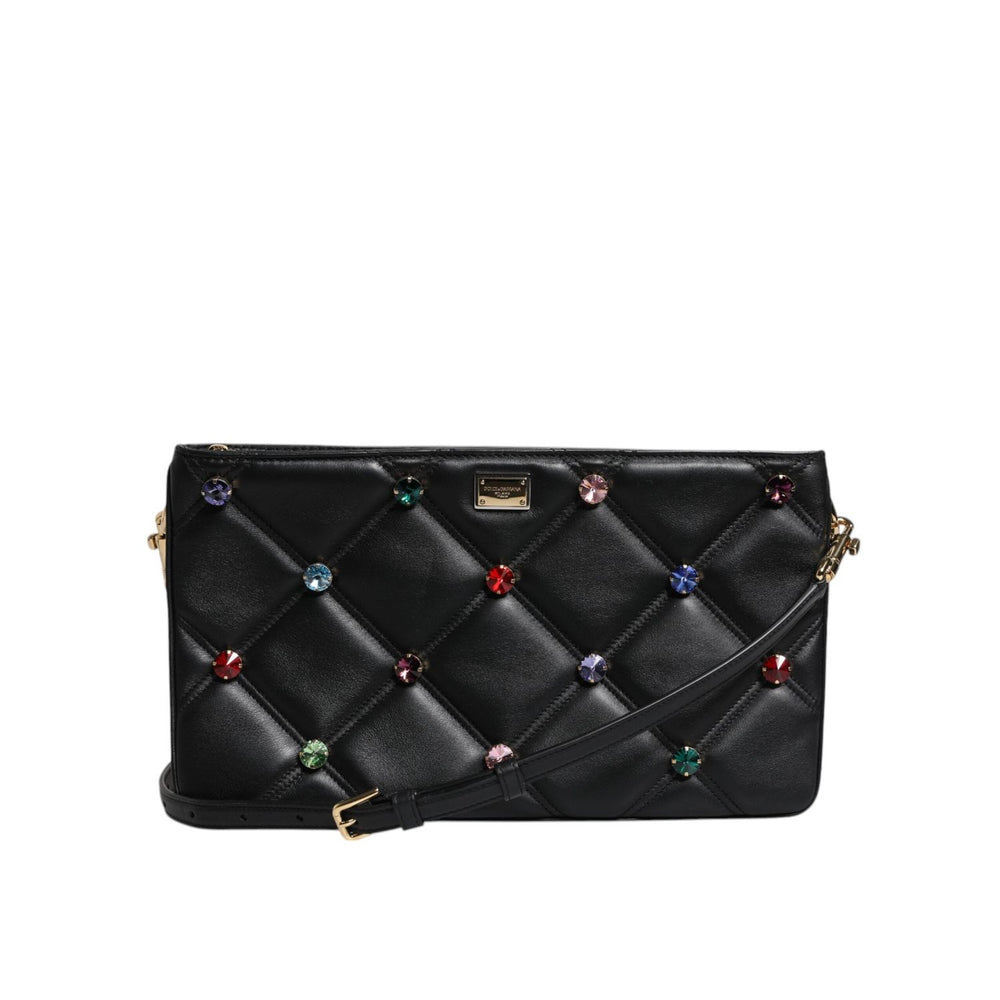 Dolce & Gabbana Black Leather Crystal Embellished Logo Shoulder Bag BAG1619