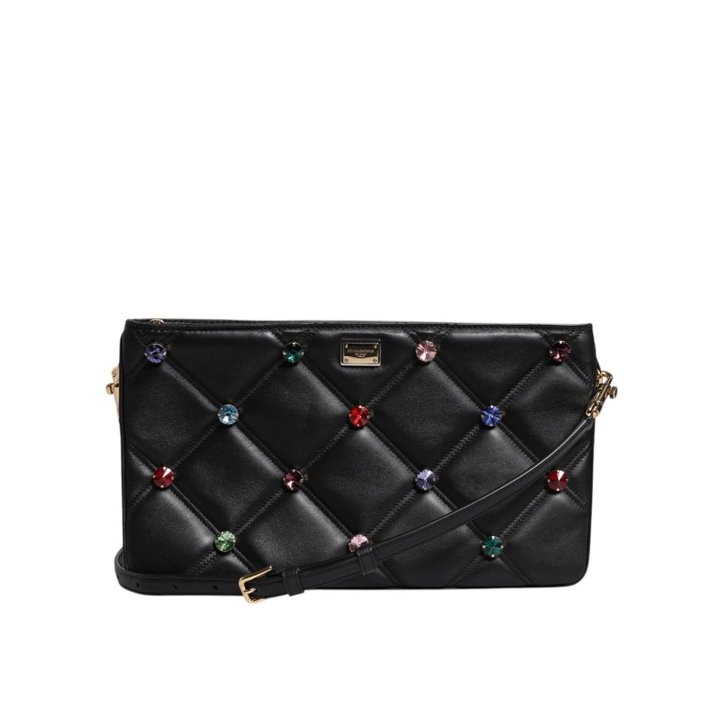Dolce & Gabbana Black Leather Crystal Embellished Logo Shoulder Bag BAG1619