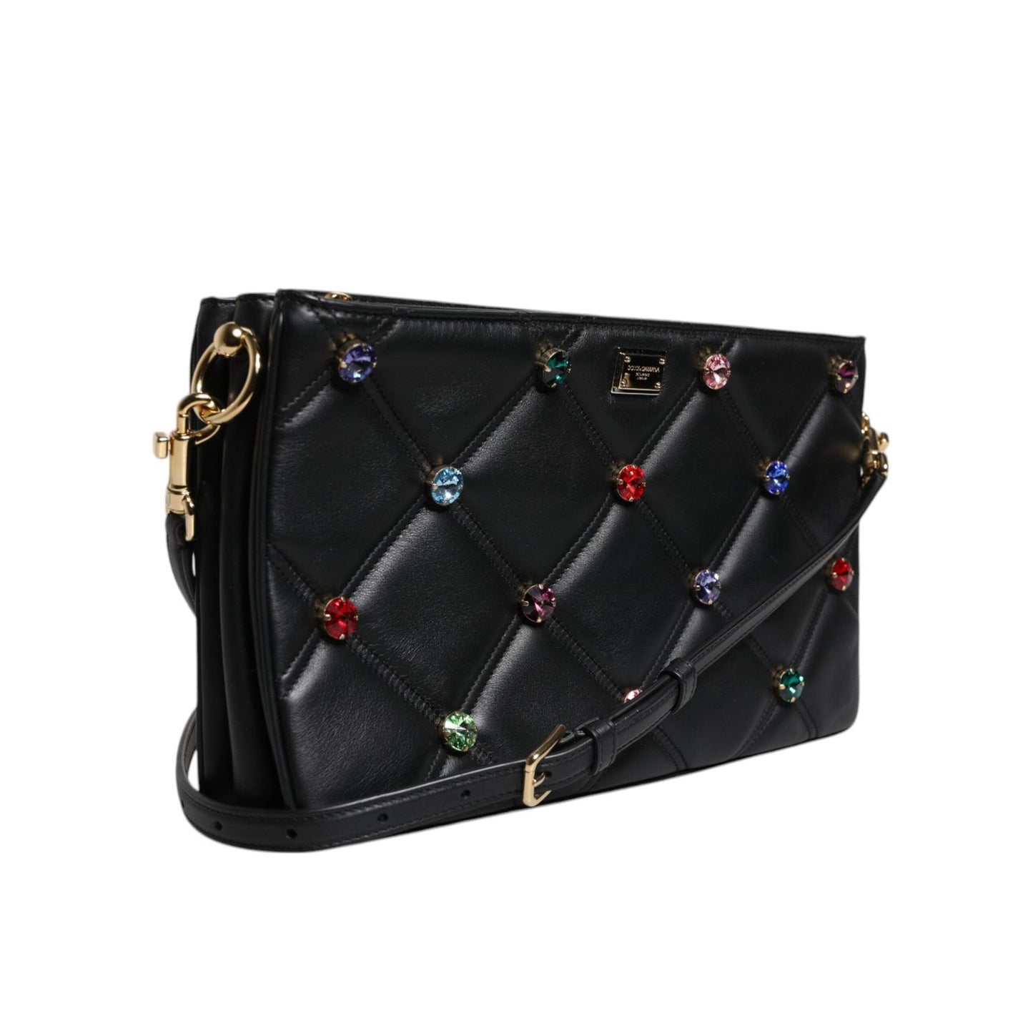 Dolce & Gabbana Black Leather Crystal Embellished Logo Shoulder Bag BAG1619