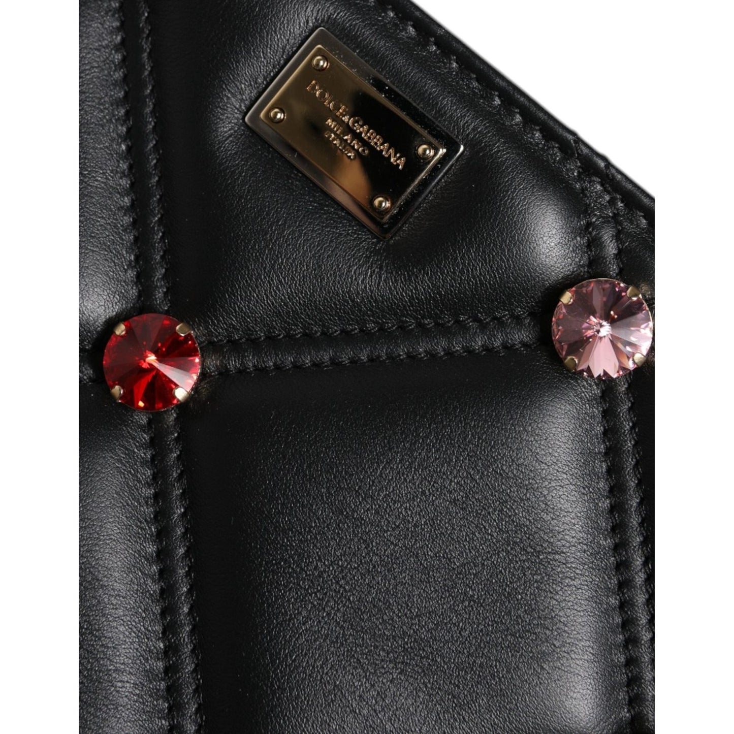 Dolce & Gabbana Black Leather Crystal Embellished Logo Shoulder Bag BAG1619