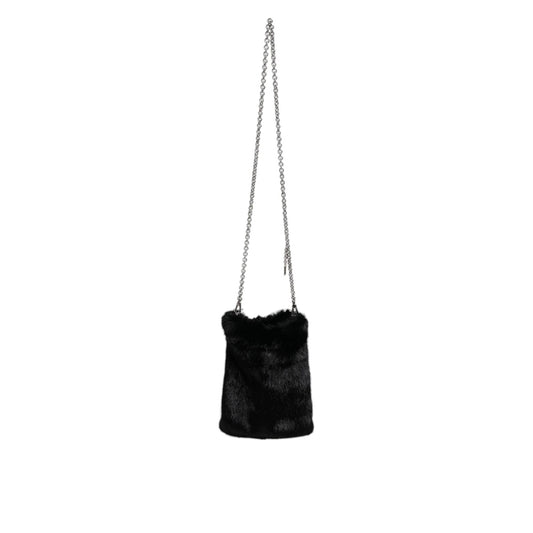 Dolce & Gabbana Black Faux Fur Silver Chain Crossbody Shoulder Purse Bag
