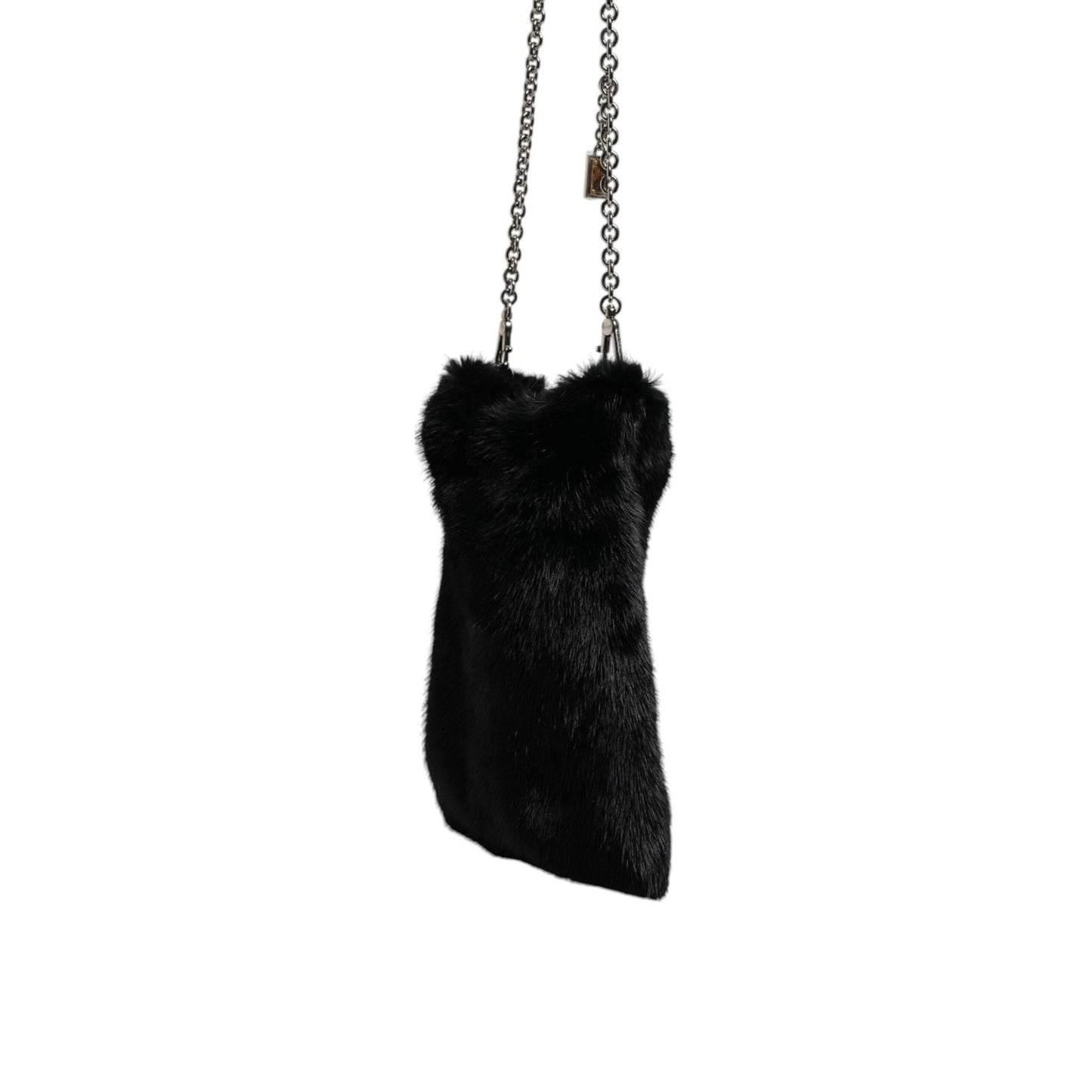 Dolce & Gabbana Black Faux Fur Silver Chain Crossbody Shoulder Purse Bag