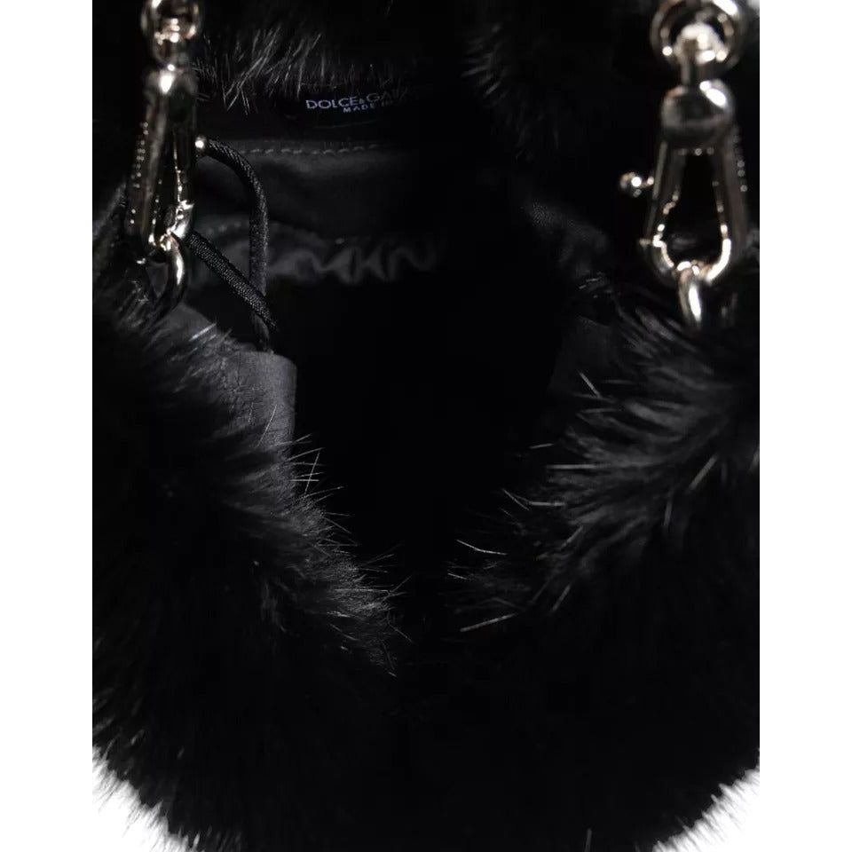 Dolce & Gabbana Black Faux Fur Silver Chain Crossbody Shoulder Purse Bag