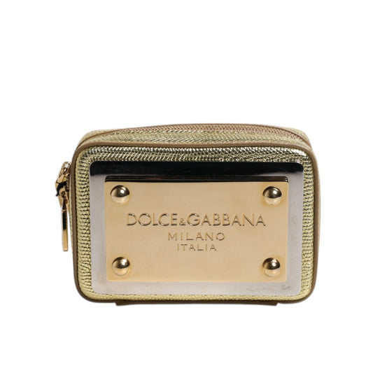 Dolce & Gabbana Gold Leather DG Logo Plaque Zip Around Clutch Bag